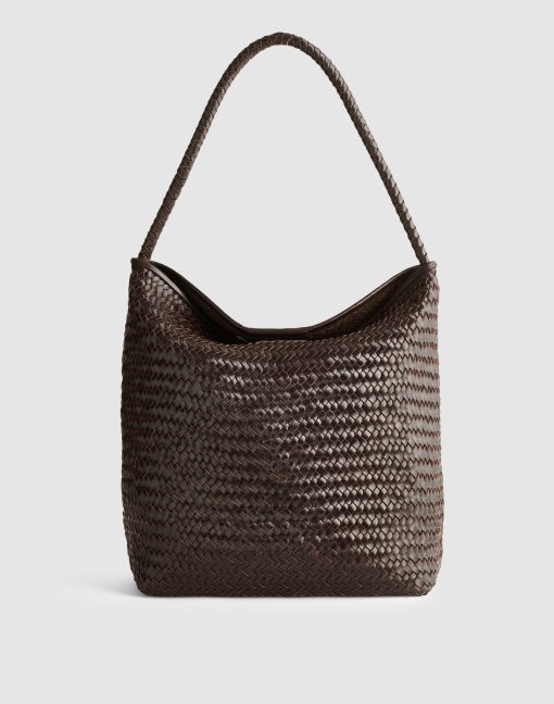Boho Chic Woven Bucket Bag Drawstring Closure Brown Travel Purse