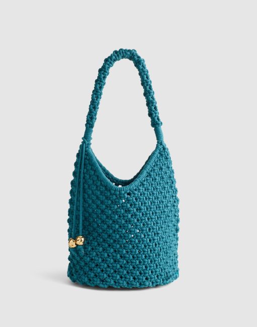Chic Designer Macrame Shoulder Bag Artistic Woven Blue Purse