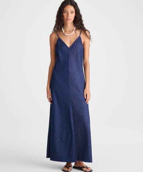 Good Stylists Airy Navy Denim Maxi Slip Dress For Women