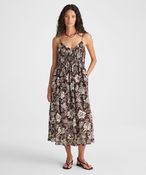 Sophisticated Brown Ruched V Neck Sleeveless Maxi Dress Good Stylists